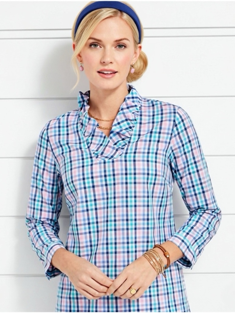 Talbots Preppy Lady Blouse Womens Size 6 Ruffle Neck Summer Gingham Popover Top